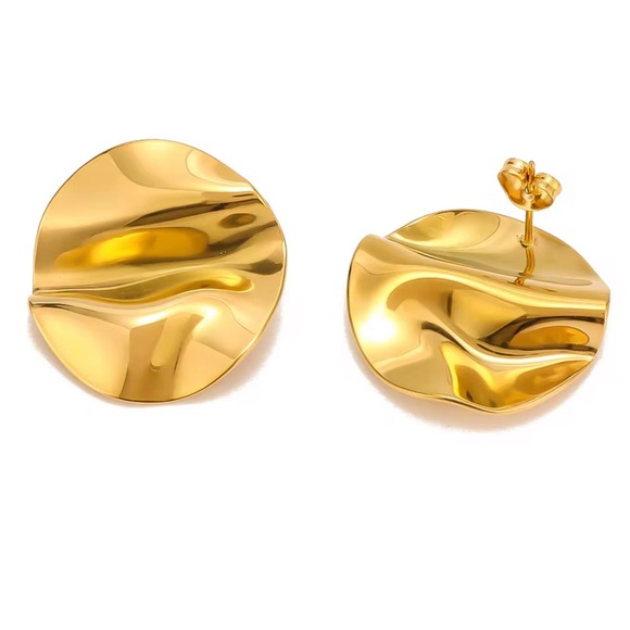 Modern Abstract Gold Round Earrings - Picture 4 of 5